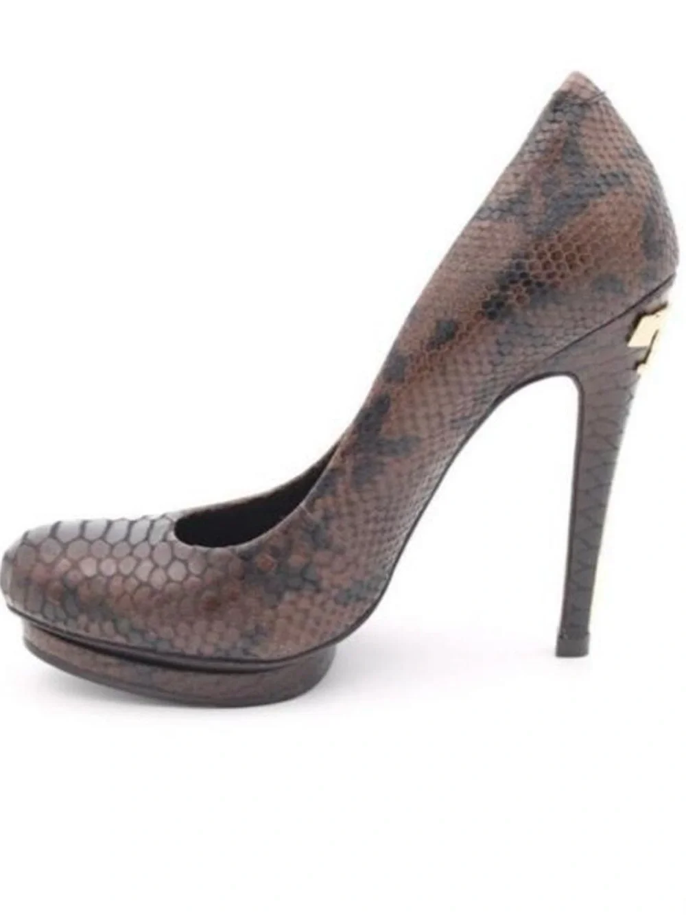 Tory Burch Jude Brown Snake Print Pumps with Gold Logo Heels